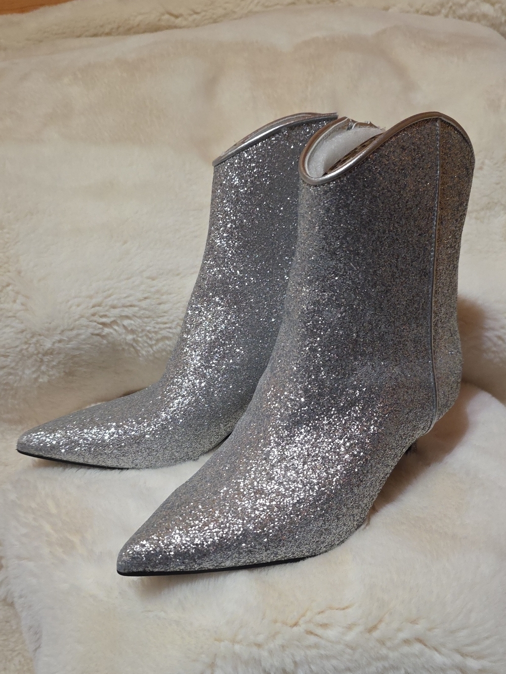 Silver Glitter Pointed Ankle Booties